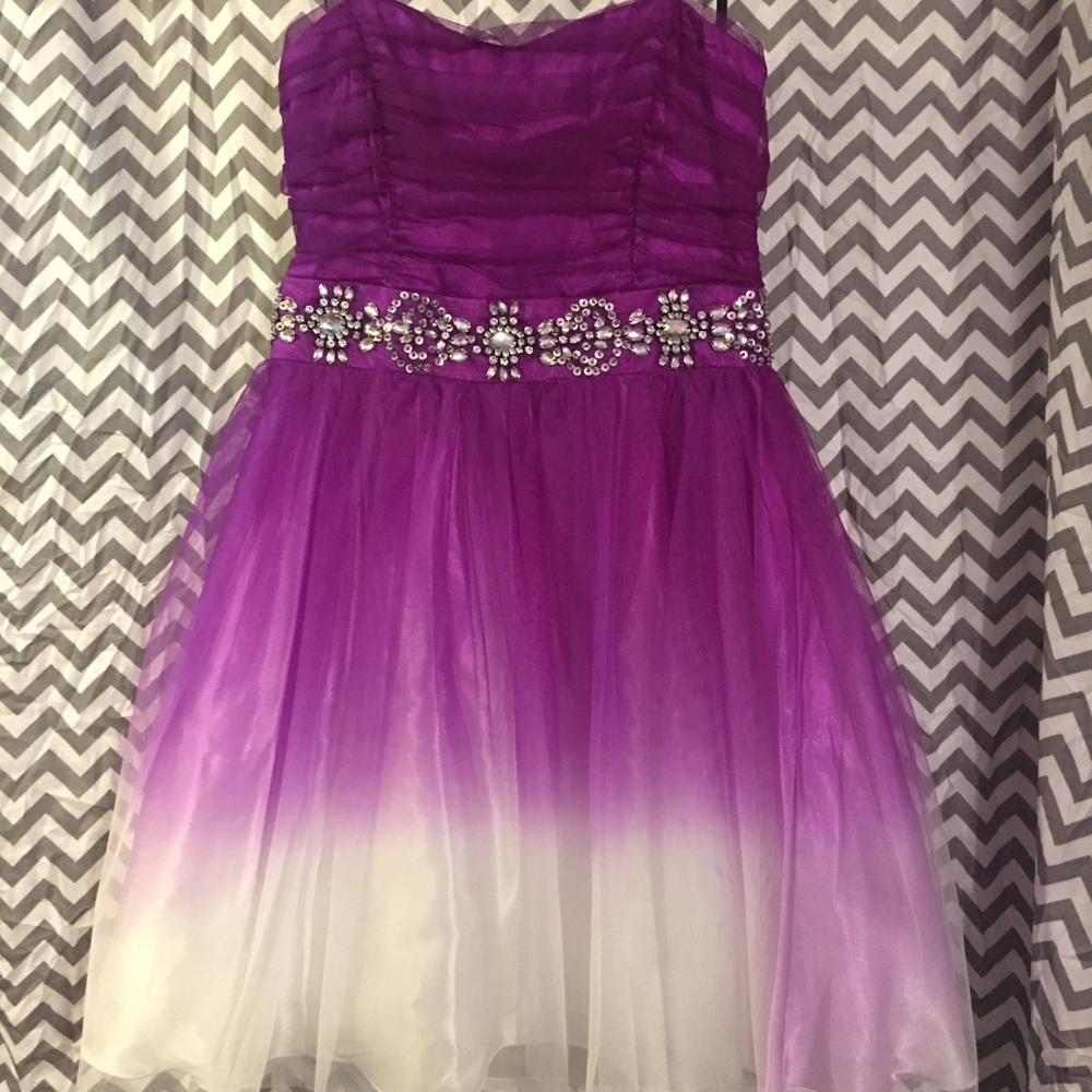 Strapless ombré purple and white homecoming dress